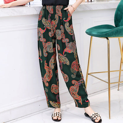 Bloomers en Coton et Lin Fleuris Rouge Vif et Bleu | Pantalon Maternité Grande Taille Respirant Confortable Taille Haute