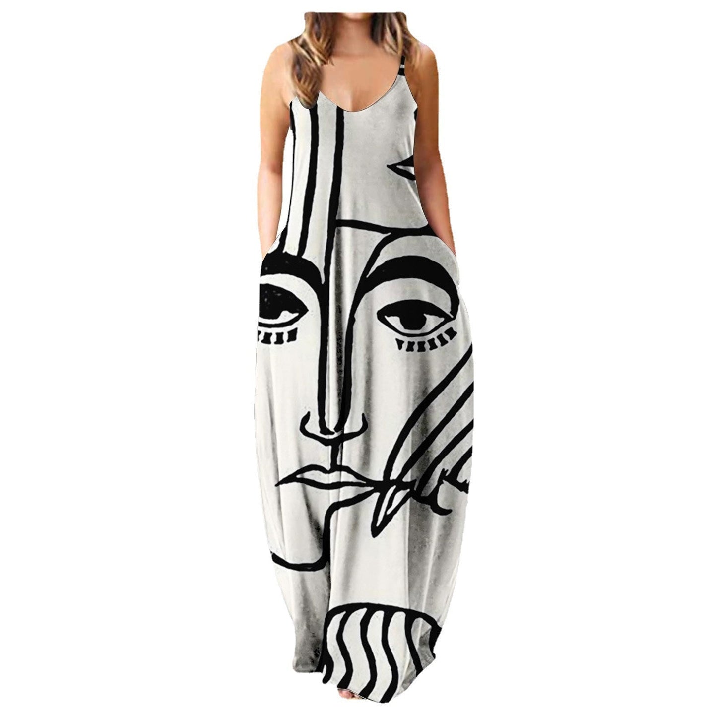 Vestido con tirantes frescos de verano, estampado digital estilo cara abstracta, elegante vestido de calle
