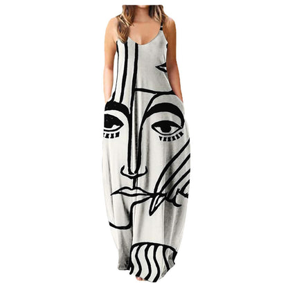 Vestido con tirantes frescos de verano, estampado digital estilo cara abstracta, elegante vestido de calle