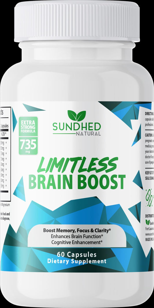 Sundhed Natural Limitless Brain Boost (60 caps) - Memory Focus Mental Clarity - Nootropics Scientific Formula for Enhance Performance Super Ginkgo Biloba St John Wort Extract DMAE