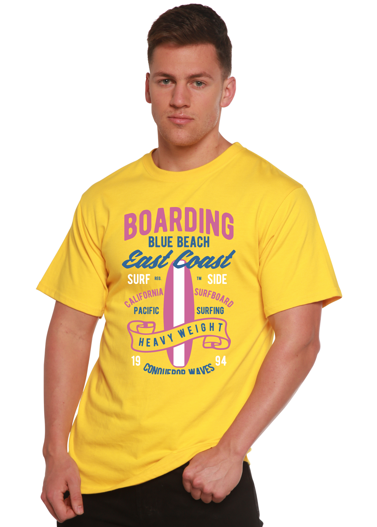 T-shirt graphique à manches courtes en viscose de bambou/coton bio pour homme Boarding Blue Beach