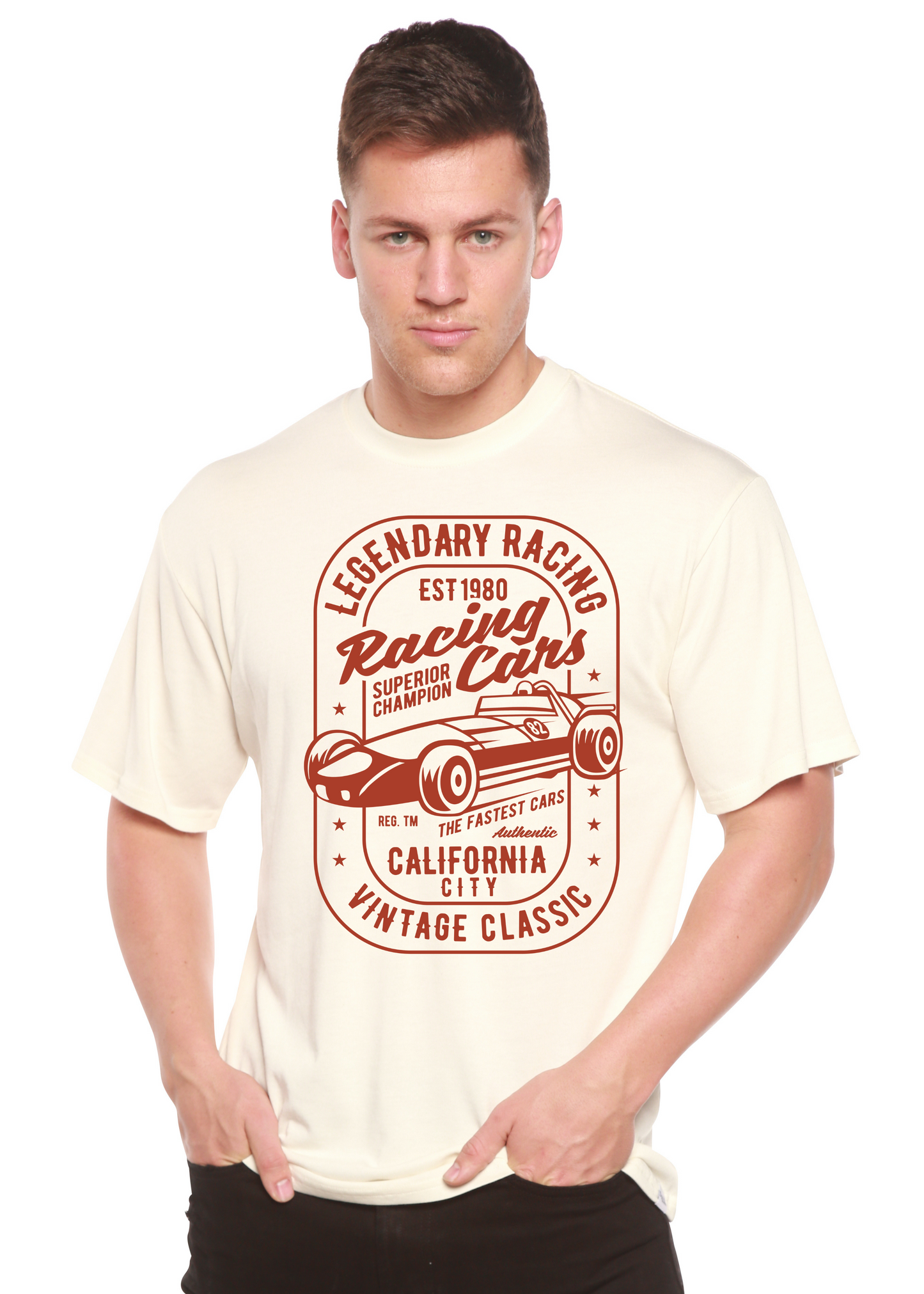 T-shirt à manches courtes en bambou-viscose et coton biologique pour homme avec motif « Voitures de course légendaires »