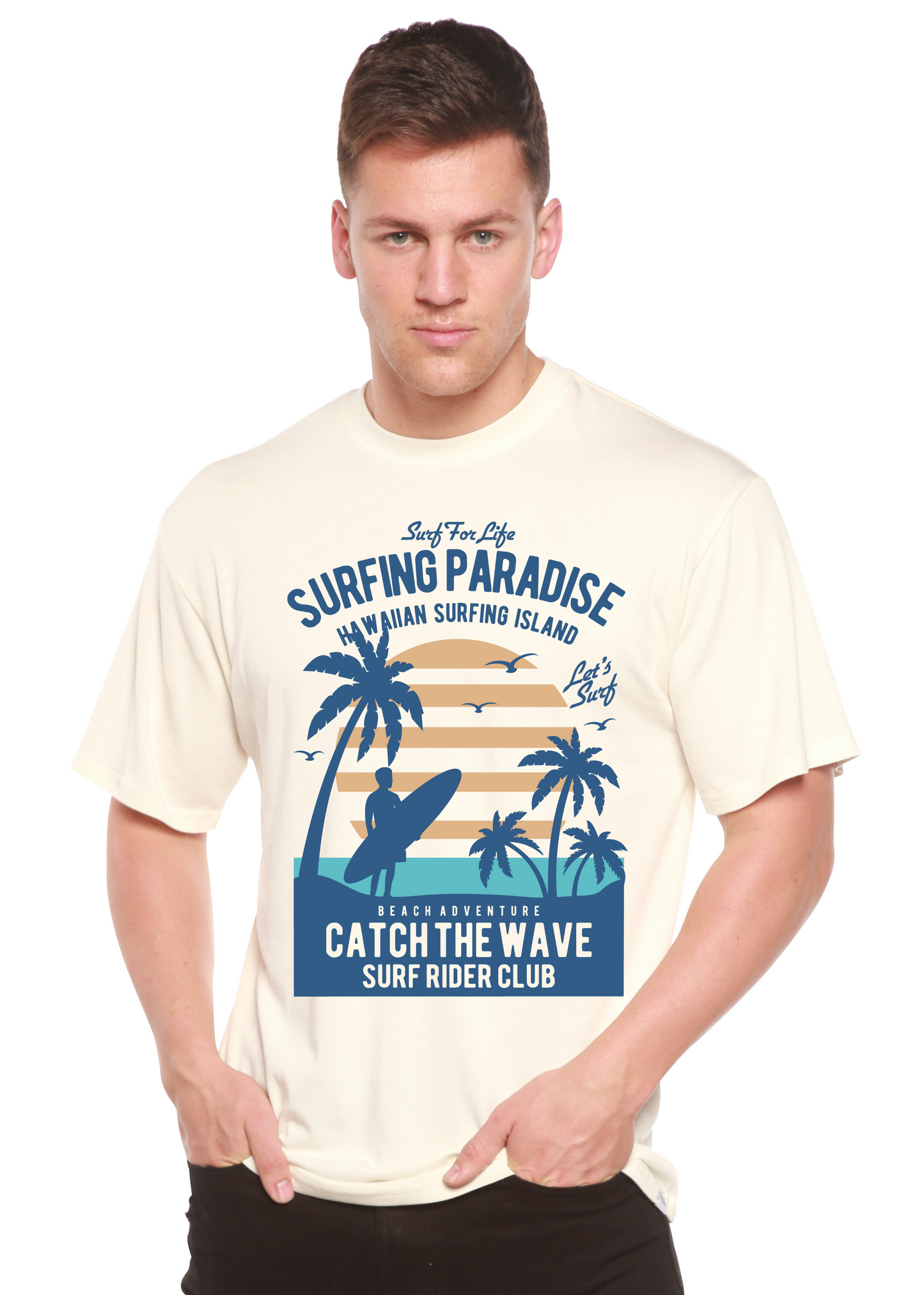 T-shirt graphique à manches courtes en viscose de bambou et coton biologique Spun Bamboo® "Surfing Paradis" pour homme