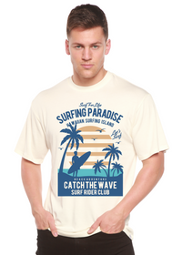 T-shirt graphique à manches courtes en viscose de bambou et coton biologique Spun Bamboo® "Surfing Paradis" pour homme