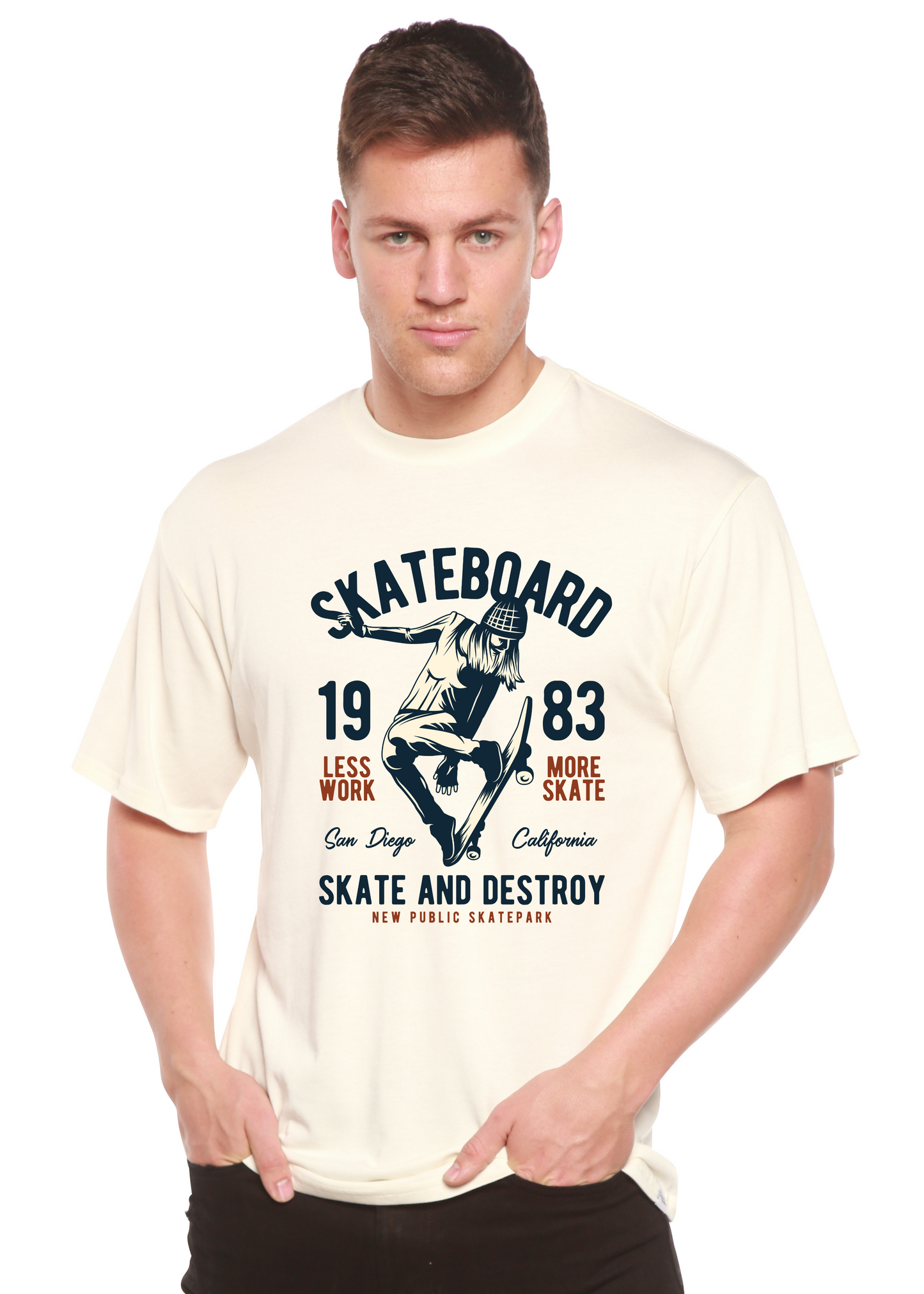 T-shirt graphique à manches courtes en bambou viscose/coton biologique pour homme, motif « Skateboard 1983 »