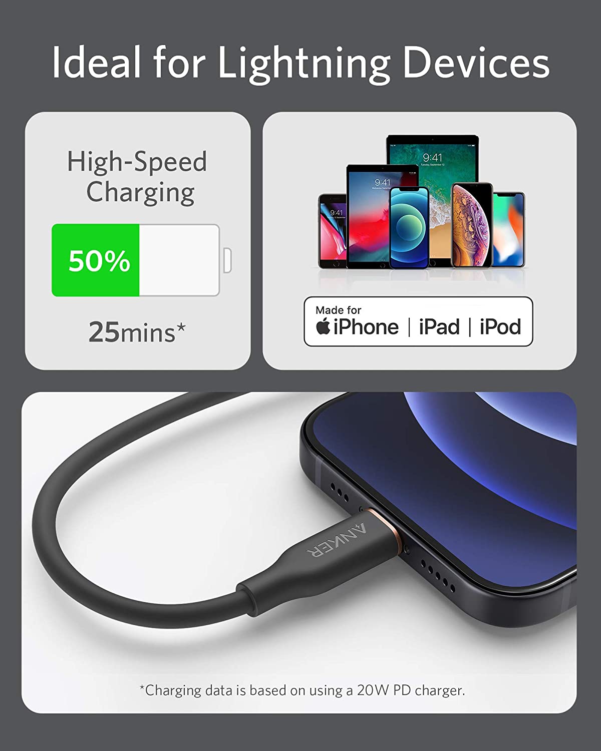 Anker <b>641</b> Cable USB-C a Lightning (Flow, 0.9 m de silicona)