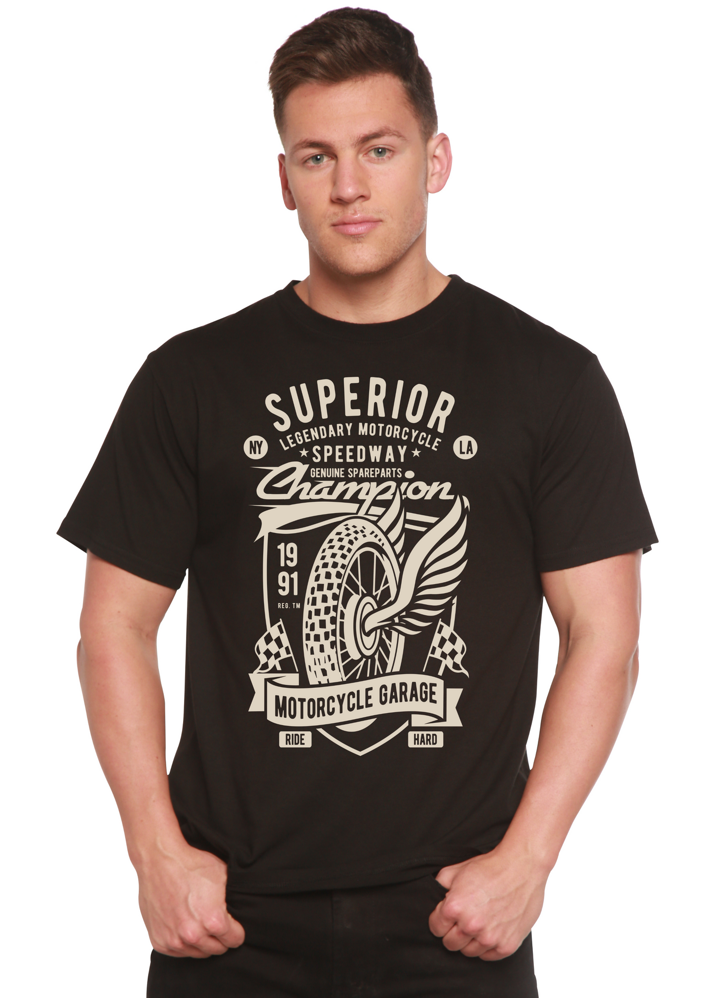 T-shirt graphique à manches courtes en viscose de bambou et coton biologique pour homme Superior Motorcycle Spun Bamboo®