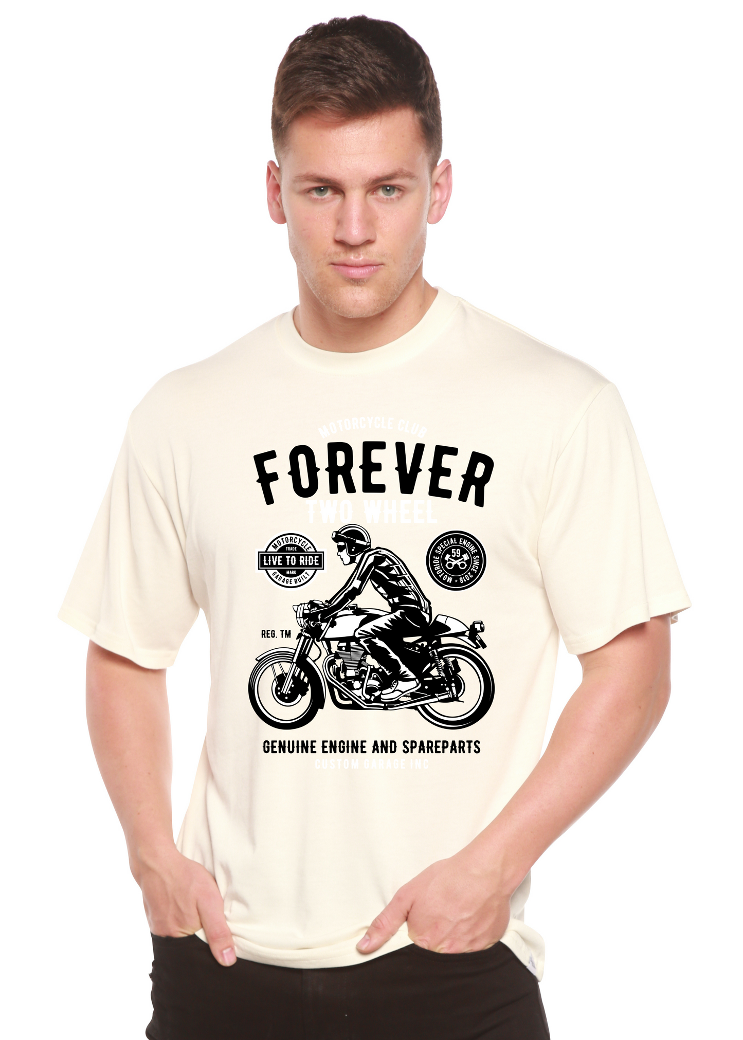 T-shirt graphique Forever Two Wheel à manches courtes en viscose de bambou et coton biologique pour homme