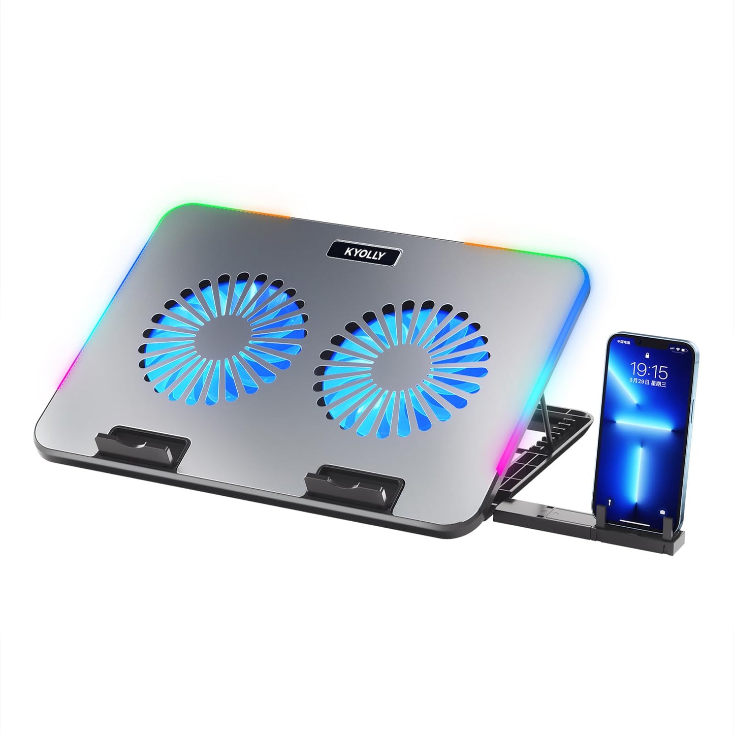 RGB Metal Laptop Cooling Pad – Dual Fan, 7 Heights & Phone Holder