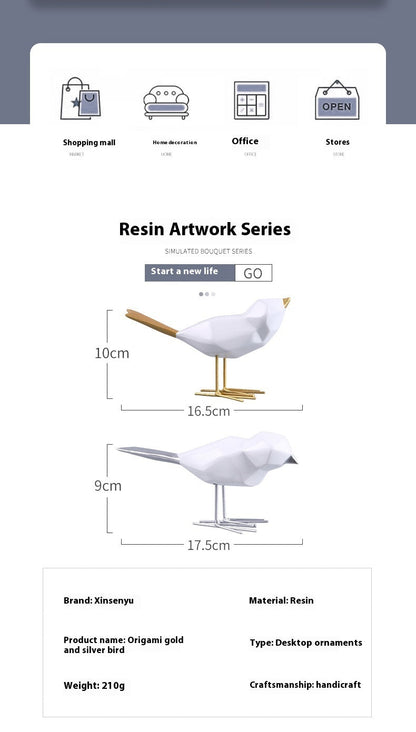 Gold And Silver Crafts Gift Origami Bird Hallway Home Resin Decorations