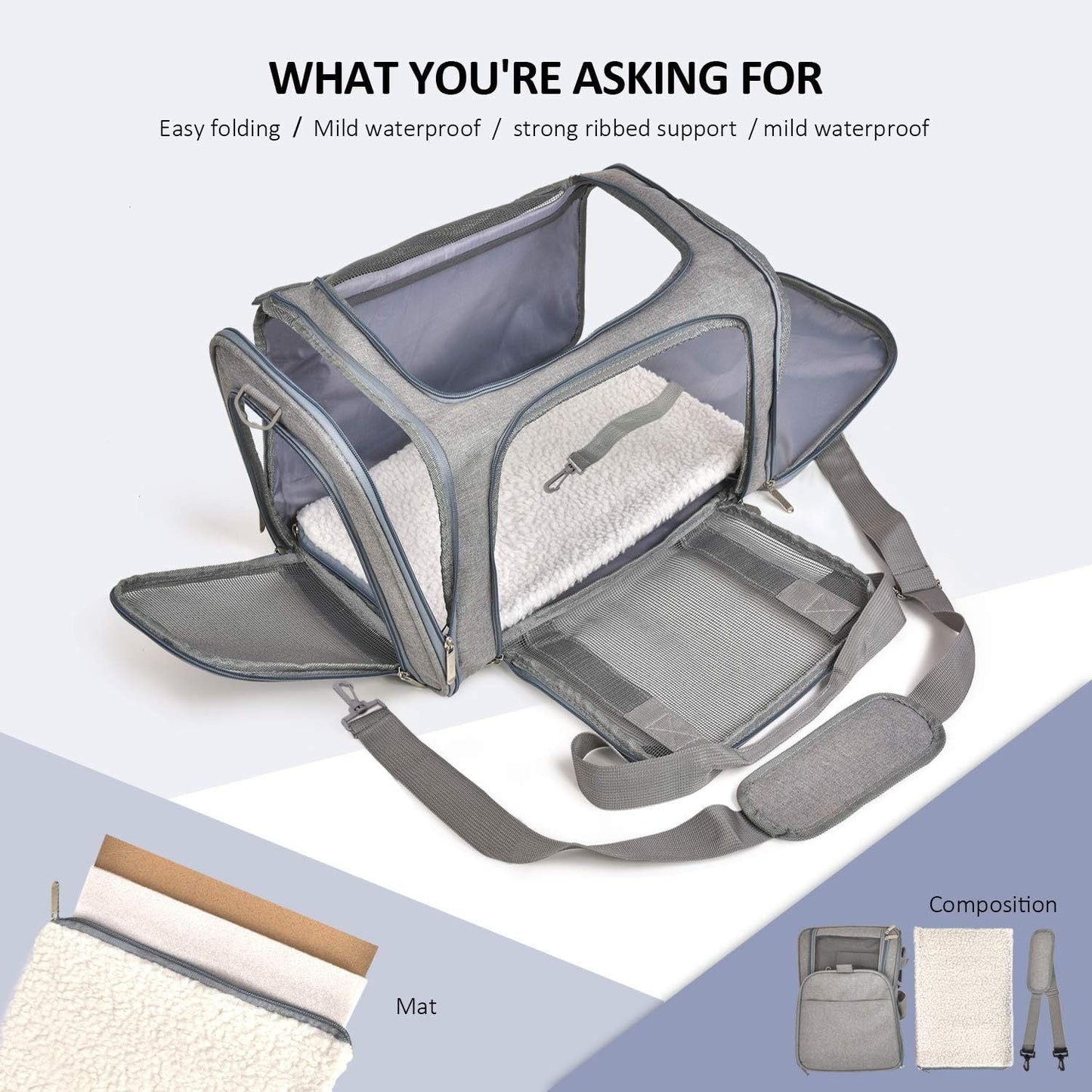 Sac de transport pour chien et chat de petite et moyenne taille (jusqu'à 6,8 kg) – Doux, pliable, pour voyage – Gris