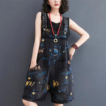 Short en jean ample à bretelles imprimé mode rétro pour femme