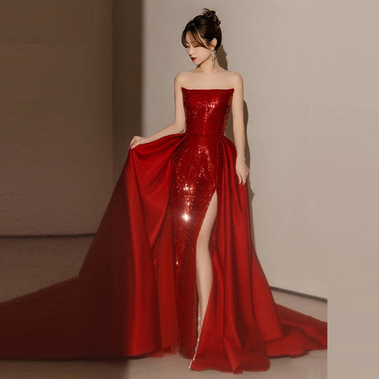Banquete Lujo ligero Reunión anual Anfitrión Vestido rojo Novia Boda Compromiso Sujetador Vestido de brindis