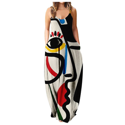 Vestido con tirantes frescos de verano, estampado digital estilo cara abstracta, elegante vestido de calle