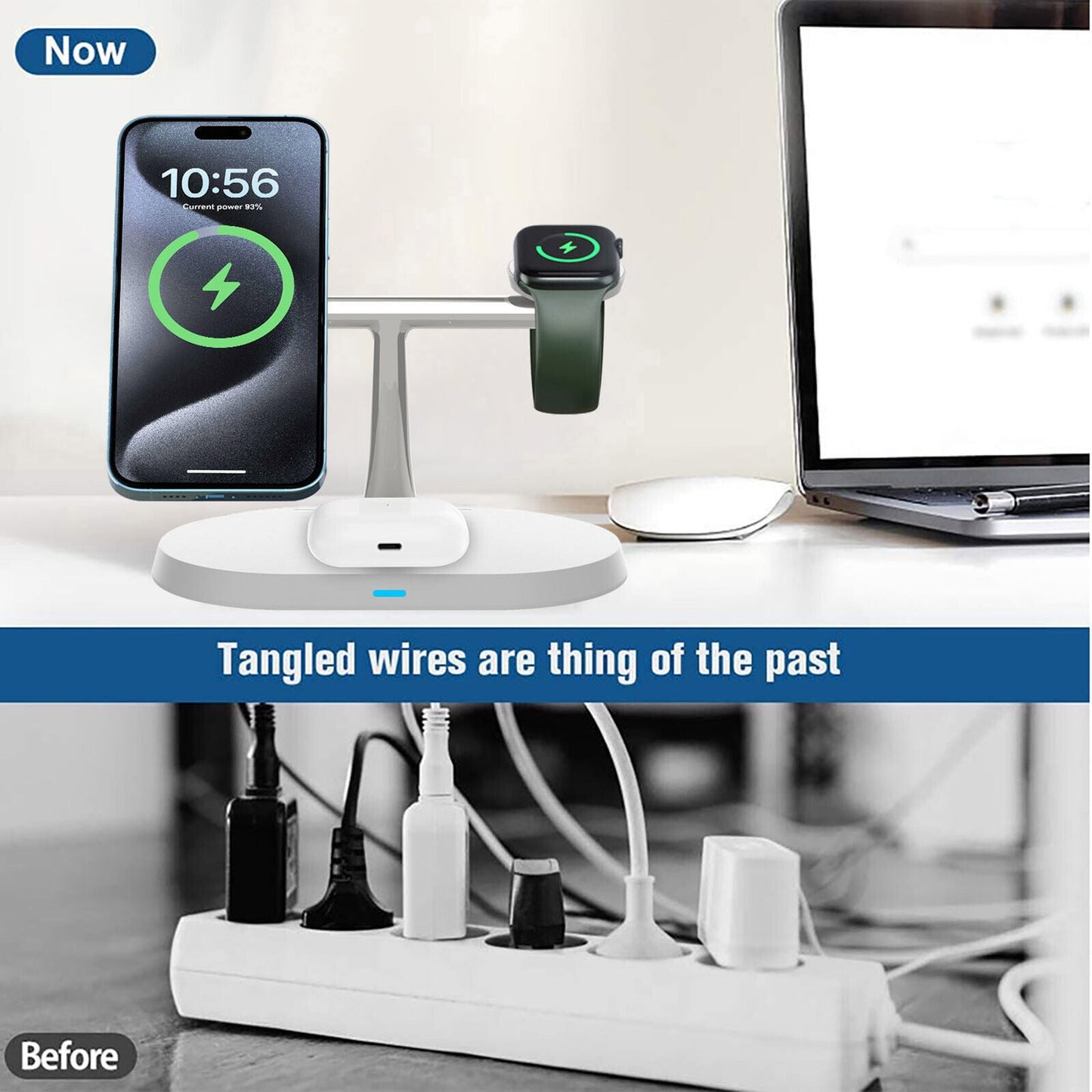3-in-1 Magnetic Wireless Charger Stand for iPhone, Apple Watch & AirPods – 15W Fast Charging