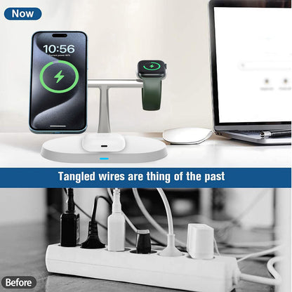 3-in-1 Magnetic Wireless Charger Stand for iPhone, Apple Watch & AirPods – 15W Fast Charging
