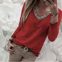 Women's Stitching V Neck Sequin Long Sleeve T-shirt Plus Size Top