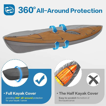 600D Kayak Cover: Upgraded Zipper Closure Waterproof Canoe Outdoor Storage Bag, Heavy Duty UV Protection Dust Paddle Board Cover for Fishing Boat
