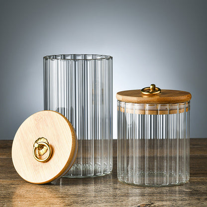 Wooden Lidded Striped Tea And Snacks Storage Jar