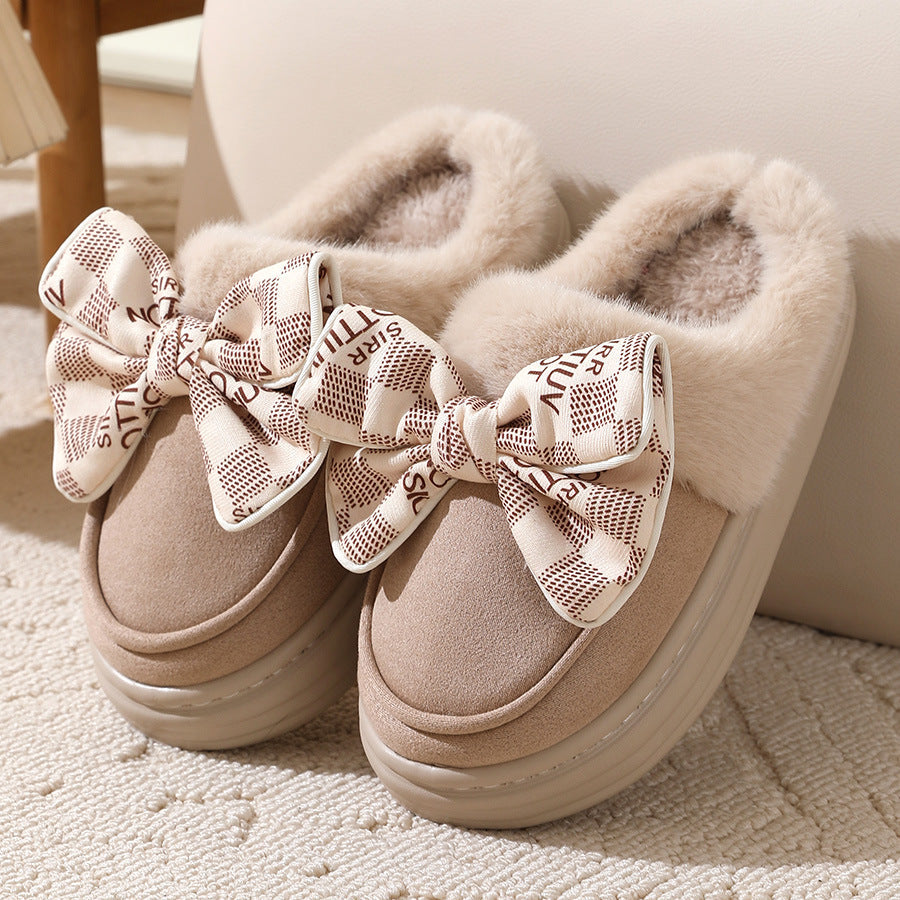 Lindas zapatillas de felpa con nudo de lazo para invierno, cálidas, para interiores, dormitorio, para mujer, a la moda, de suela gruesa, para casa