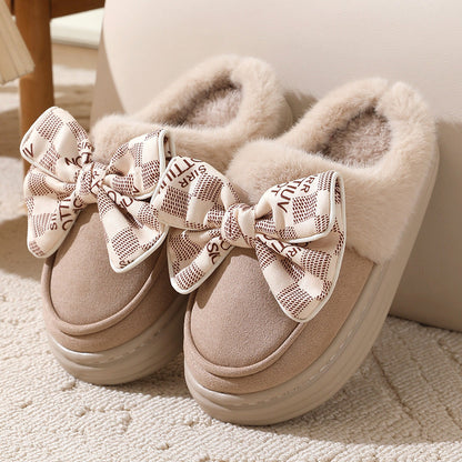 Lindas zapatillas de felpa con nudo de lazo para invierno, cálidas, para interiores, dormitorio, para mujer, a la moda, de suela gruesa, para casa