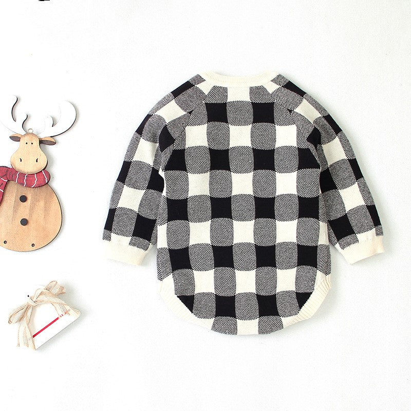 One-piece long-sleeved plaid one-piece triangle romper crawl