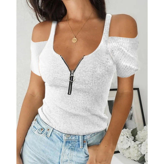 T-shirt court zippé à manches courtes grande taille