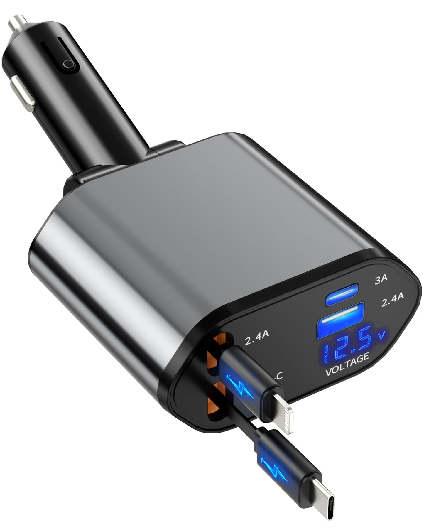 Retractable Car Charger with USB-C and USB-A - Fast Charging for iPhone 16 15 14 and Samsung