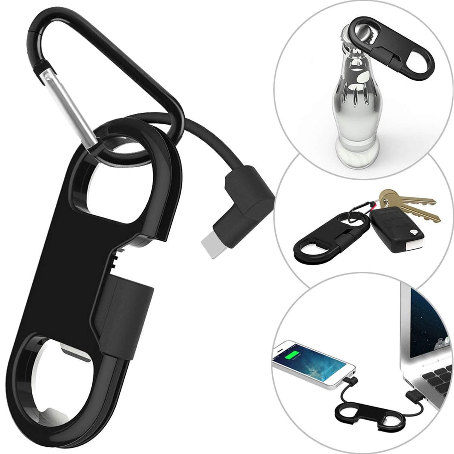 Lightning Keychain Charging Cable — Carabiner Bottle Opener Short Cable Gift, Bl