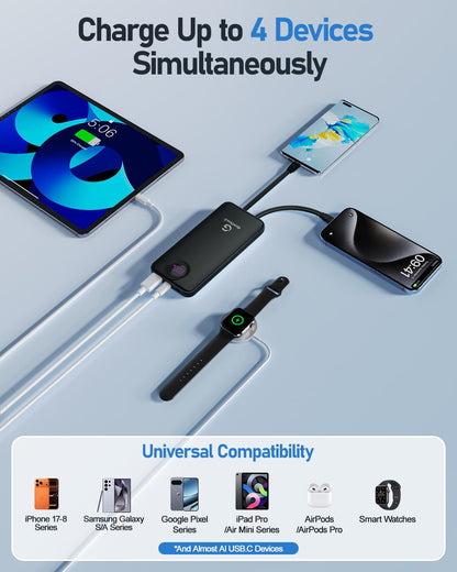 Bank,10000Mah 22.5W Max Portable Charger Built In Cables，4 Outputs 2 Inputs Exte