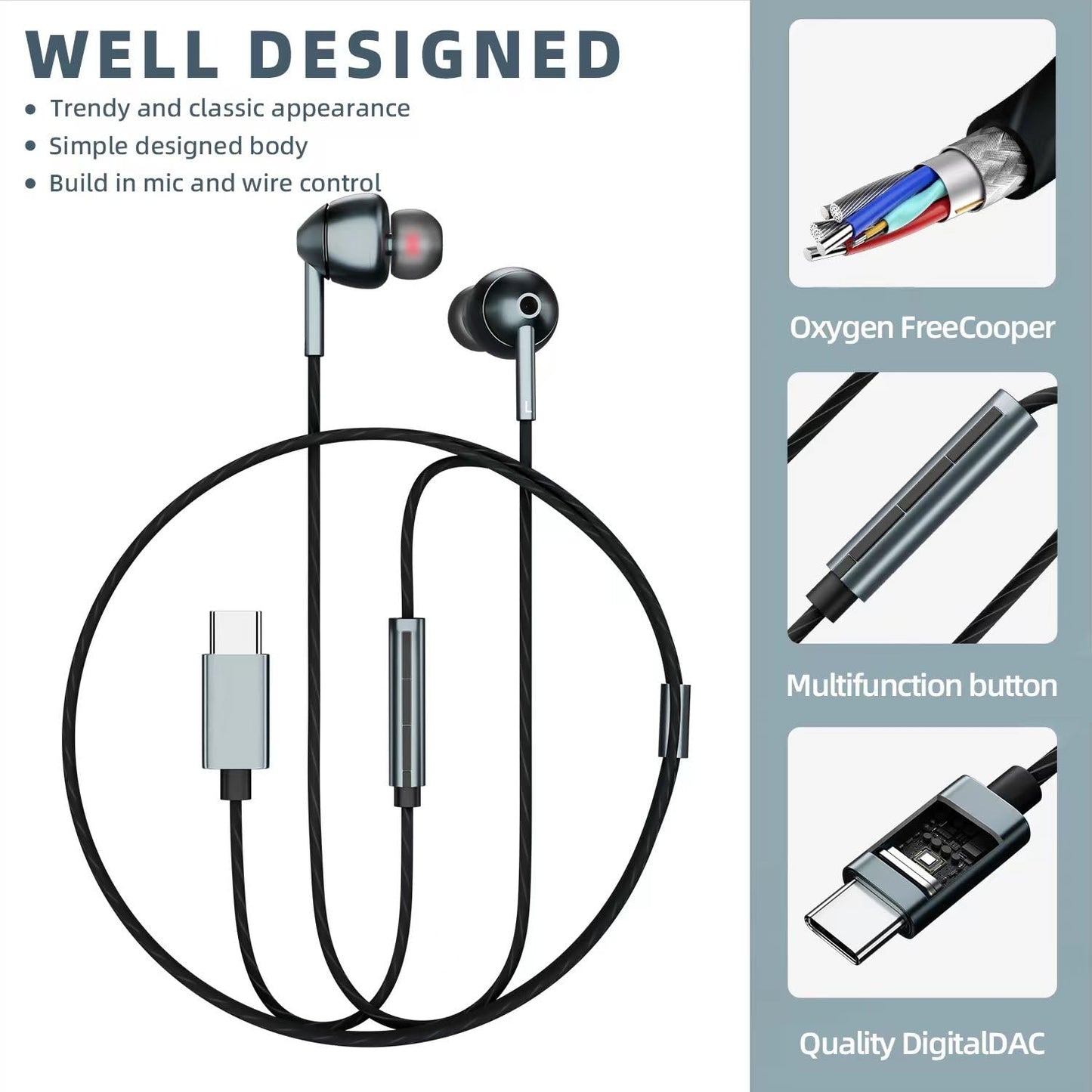 Wired Earbuds with Noise Canceling Volume Control and Mic - USB-C for iPhone 17 16 15 and Samsung