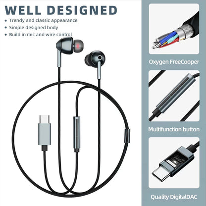 Wired Earbuds with Noise Canceling Volume Control and Mic - USB-C for iPhone 17 16 15 and Samsung