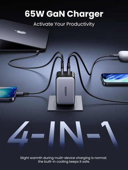 65W Gan Usb C Wall Charger, 4-Port Fast Type-C Charger Macbook Pro/Air, Iphone 1