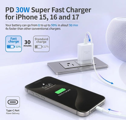 USB-C Fast Charging Block 30W PD - Wall Charger Adapter for iPhone 17 16 15 and Samsung S25