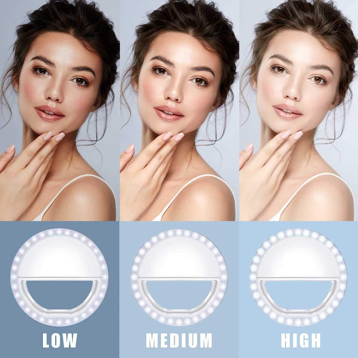 Clip-On Ring Light Rechargeable - 36 LED Lights 3-Level Adjustable Brightness for Phones