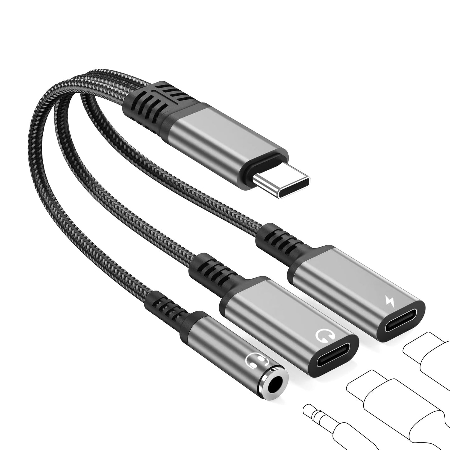 USB-C to 3.5mm Headphone and Charger Adapter - 3-in-1 Dual Type-C Aux Splitter