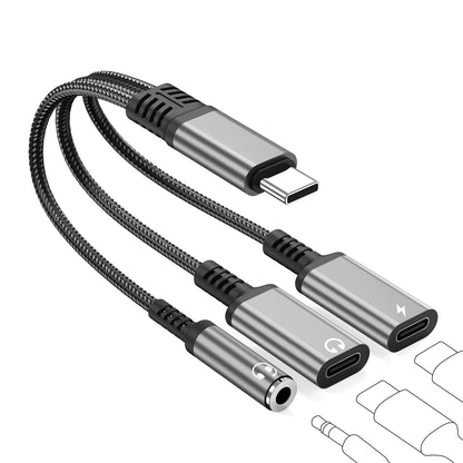 USB-C to 3.5mm Headphone and Charger Adapter - 3-in-1 Dual Type-C Aux Splitter