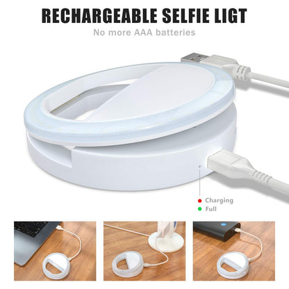 Clip-On Ring Light Rechargeable - 36 LED Lights 3-Level Adjustable Brightness for Phones