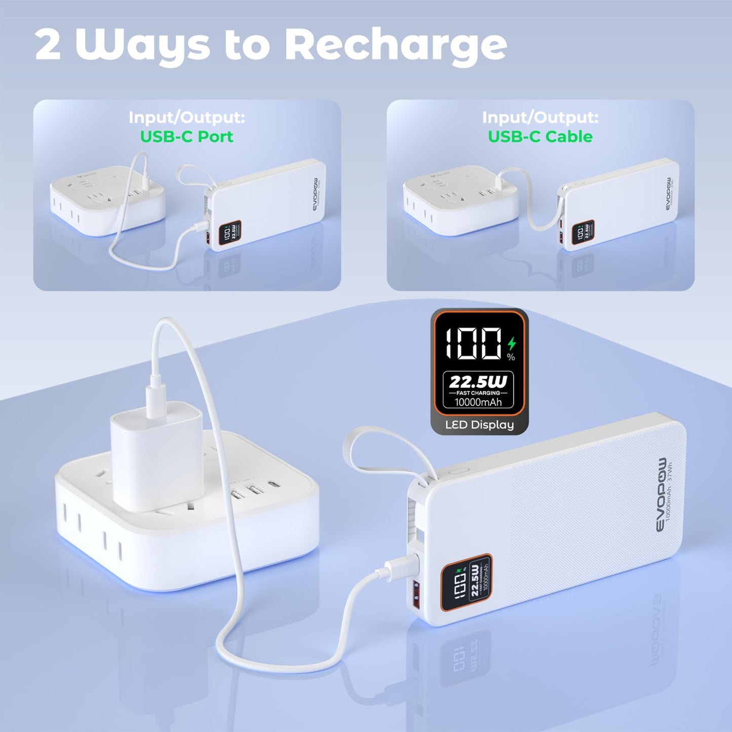 Power Bank 10000mAh 22.5W Super Fast Charging - Portable Powerbank with Built-In USB-C Cable
