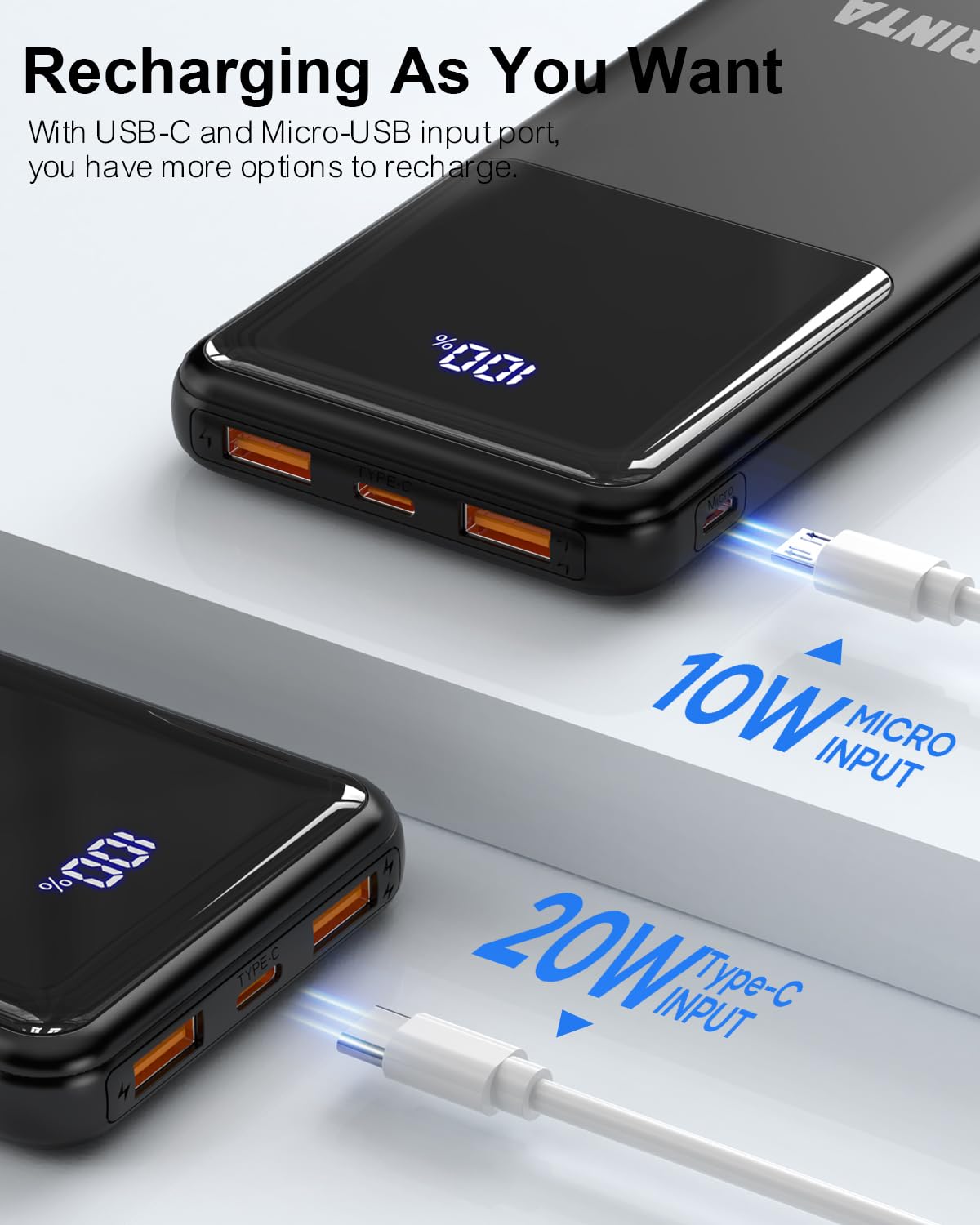 Bank Portable Charger 10000Mah Pd 22.5W Battery Pack, Led Display & Usb-C In/Out