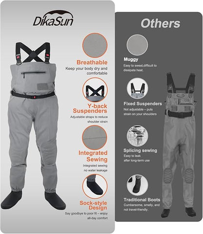DikaSun Breathable Stocking Foot Waders for Fly Fishing (Lightweight Unisex Design for Men & Women)