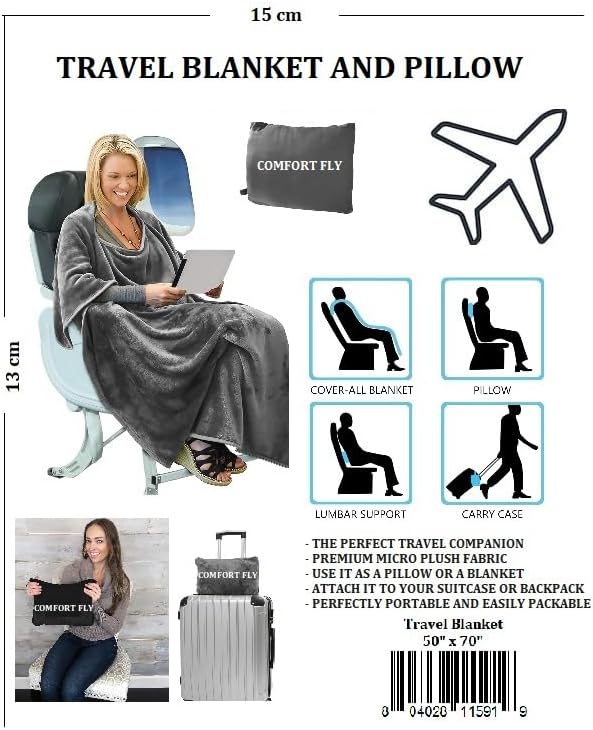 Comfort Fly Travel Blanket & Pillow" 2-in-1 Micro Plush Airplane Blanket with Carry Case (40" x 70")