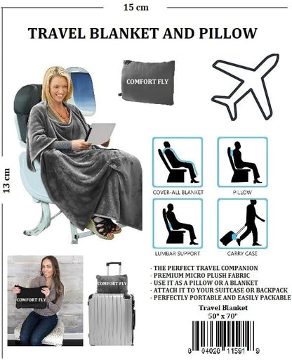 Comfort Fly Travel Blanket & Pillow" 2-in-1 Micro Plush Airplane Blanket with Carry Case (40" x 70")
