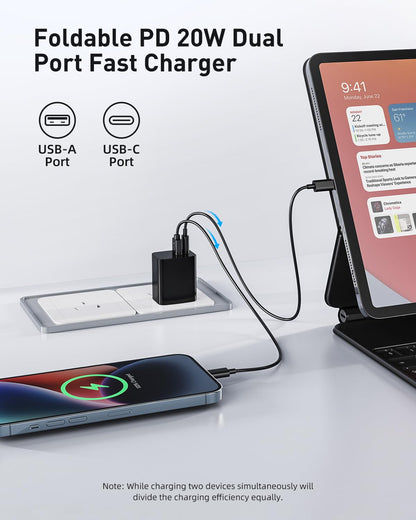 20W Wall Charger Block 2-Pack - Dual Port USB Adapter with Foldable Plug