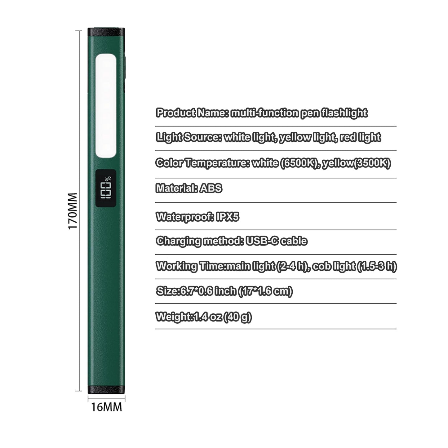 Pen Flashlight with COB Work Light — 6 Modes, LCD Display, USB-C Charge, Pocket