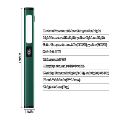 Pen Flashlight with COB Work Light — 6 Modes, LCD Display, USB-C Charge, Pocket