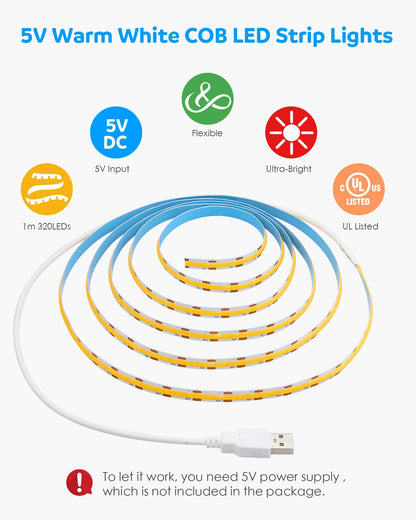 Cob Led Strip Lights Warm White Led Tv Backlight 5V 1M 3.28Ft 320Leds 3000K Cri8