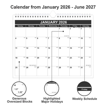 Monthly Wall Calendar (Jan 2026–Jun 2027) – 8.5” x 11” Spiral-Bound Hanging Plan