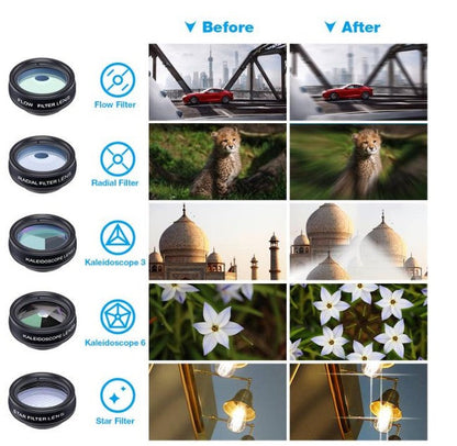 APEXEL Phone lens kit universal 10 in 1 Fisheye Wide Angle macro Lens CPL Filter Kaleidoscope+2X telescope Lens for smartphone