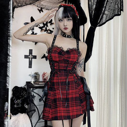Dark Red Plaid Hot Girl Sling Design Sense Dress
